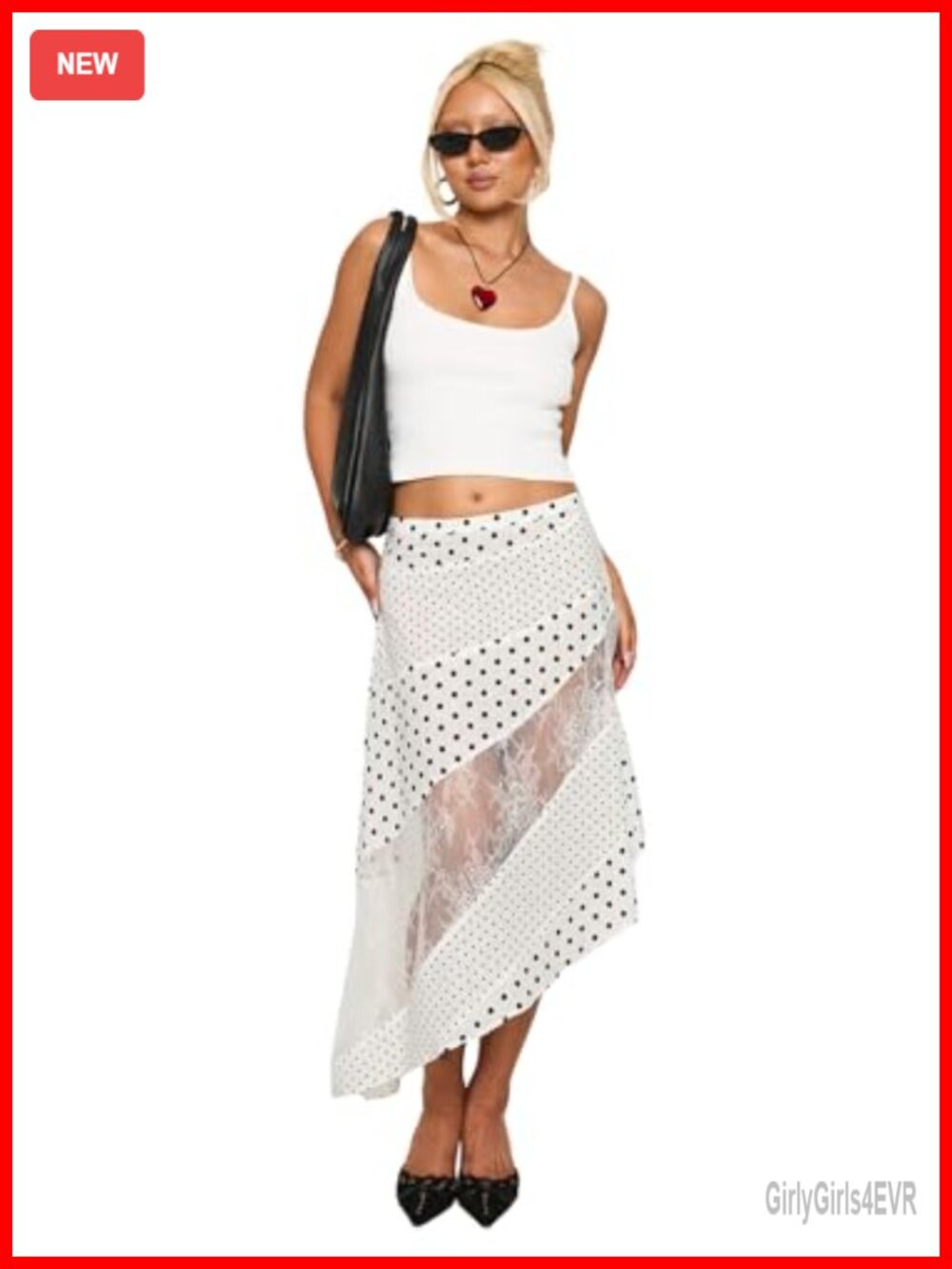 Polka Dot Maxi Skirt Lace Trim Asymmetrical Hem Mid Rise Cotton
